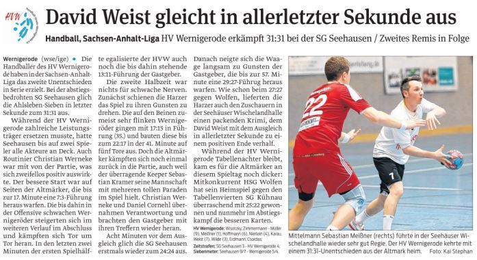 Volksstimme Spielbericht der 1. Männer des HVW in Seehausen
